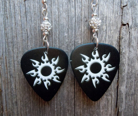 Tribal Sun Black Guitar Pick Earrings with White Pave Beads
