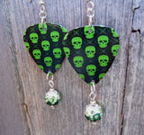Bright Green Skull Guitar Pick Earrings with Green Ombre Pave Bead Dangles