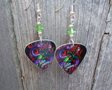 Tattoo Style Purple Snake Guitar Pick Earrings with Green Crystals