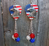 American Flag and Eagle Charm Overlay Guitar Pick Earrings with Pave Bead Dangles