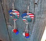American Flag and Eagle Charm Overlay Guitar Pick Earrings with Pave Bead Dangles