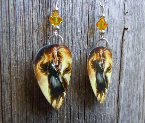 Woman Riding a Horse Guitar Pick Earrings with Yellow Swarovski Crystals