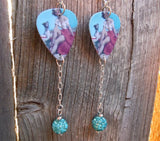 Pin Up Girl with Puppy Guitar Pick Earrings with Aqua Blue Pave Bead Dangles