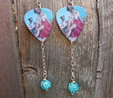 Pin Up Girl with Puppy Guitar Pick Earrings with Aqua Blue Pave Bead Dangles