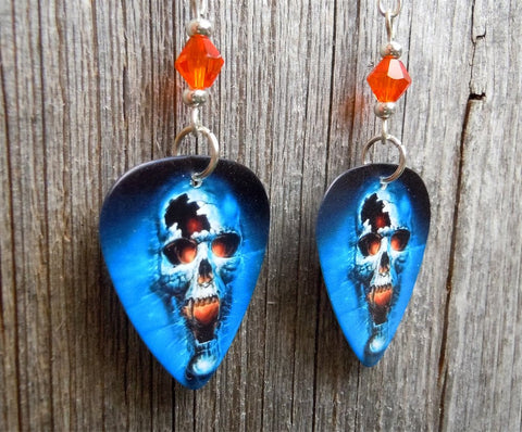 Skull on Fire Guitar Pick Earrings with Orange Swarovski Crystals