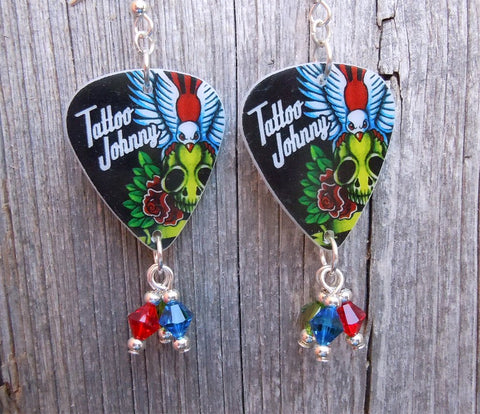 Tattoo Johnny Old School Tattoo Style Skull and Bird Guitar Pick Earrings with Crystal Dangles