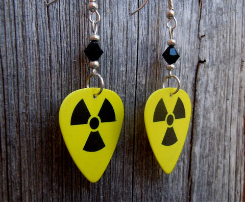 Yellow and Black Nuclear Symbol Guitar Pick Earrings with Black Swarovski Crystals