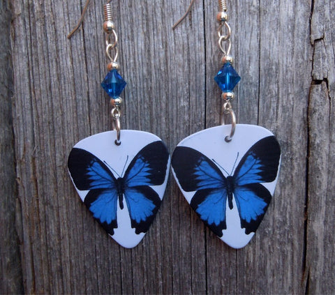 Blue Butterfly Guitar Pick Earrings with Capri Blue Swarovski Crystals