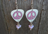 Pink Camo Peace Sign Guitar Pick Earrings with Light Pink Swarovski Crystal Dangles