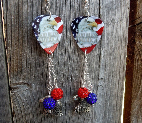 God Bless America Eagle American Flag Guitar Pick with Pave Bead Dangles