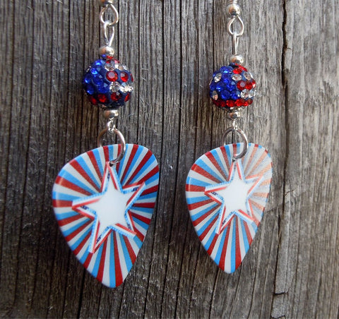 American Star Emblem Guitar Pick Earrings with American Flag Pave Beads