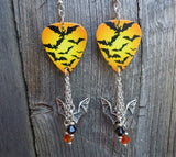 Flying Bats Guitar Pick Earrings with Bat Charm and Swarovski Crystal Dangles