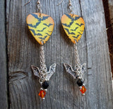Flying Bats Guitar Pick Earrings with Bat Charm and Swarovski Crystal Dangles