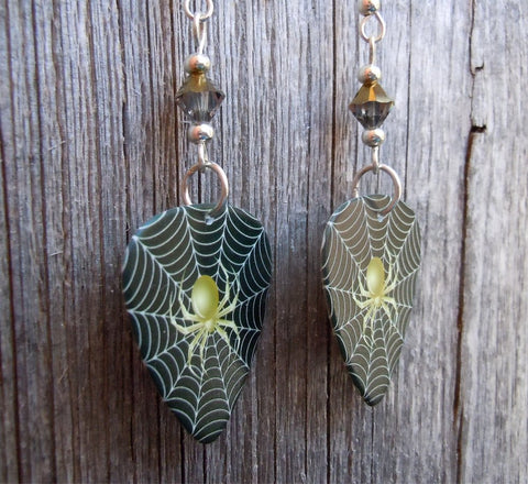 Spider on a Spiderweb Guitar Pick Earrings with Gold Swarovski Crystals