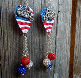CLEARANCE Motorcycle on Waving American Flag Guitar Pick with Red White and Blue Pave Bead Dangles