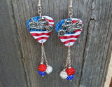 CLEARANCE Motorcycle on Waving American Flag Guitar Pick with Red White and Blue Pave Bead Dangles