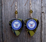 Navy Insignia Camo Guitar Pick Earrings with Green Swarovski Crystals