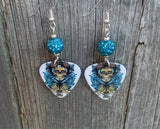 Cowboy Skull with Guns Guitar Pick Earrings with Teal Pave Beads