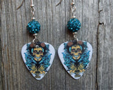 Cowboy Skull with Guns Guitar Pick Earrings with Teal Pave Beads