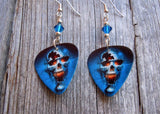 Skull on Fire Guitar Pick Earrings with Blue Swarovski Crystals