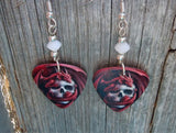 Red Dragon Wrapped Around A Skull Guitar Pick Earrings with White Swarovski Crystals