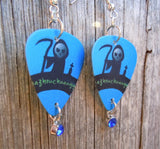 Grim Reaper Guitar Pick Earrings with Blue Crystal Charms