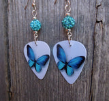 CLEARANCE Aqua Blue Butterfly Guitar Pick Earrings with Aqua Pave Beads