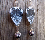 Black and White Wolf Guitar Pick Earrings with Black Ombre Pave Beads