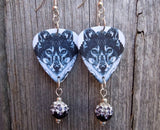 Black and White Wolf Guitar Pick Earrings with Black Ombre Pave Beads