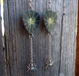 Spider on a Spiderweb Guitar Pick Earrings with Silver Spider Charm Dangles