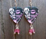 Girly Skull Rock n Roll Guitar Pick Earrings with Pink Swarovski Crystal Dangles