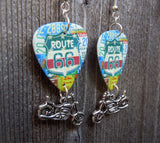 Route 66 Guitar Pick Earrings with Motorcycle Charm Dangles