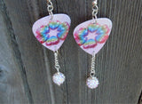 Rainbow Hearts Guitar Pick Earrings with White AB Pave Bead Dangles