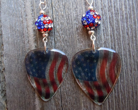 Transparent American Flag Guitar Pick Earrings with American Flag Pave Bead Dangless