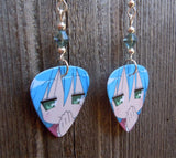 Blue Haired Anime Girl Guitar Pick Earrings with Green Swarovski Crystals