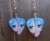 Blue Haired Anime Girl Guitar Pick Earrings with Green Swarovski Crystals