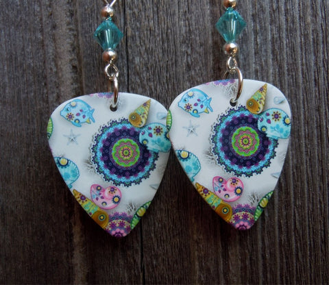 Under The Sea Design Guitar Pick Earrings with Blue Swarovski Crystals