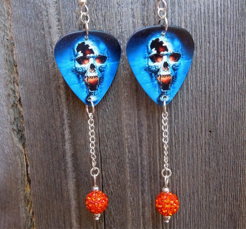 Skull on Fire Guitar Pick Earrings with Orange Pave Bead Dangles
