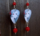 Black and White Illustrated Woman Guitar Pick Earrings with Red Pave Beads