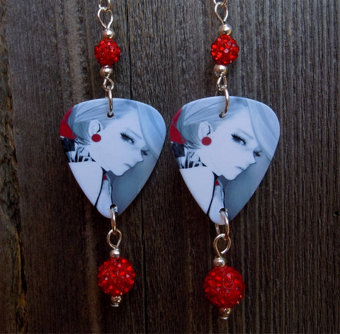 Black and White Illustrated Woman Guitar Pick Earrings with Red Pave Beads
