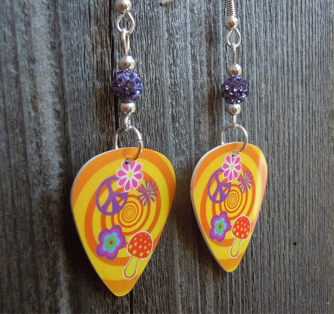 Peace Sign, Flowers and Mushrooms Orange Guitar Pick Earrings with Purple Pave Beads