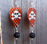 Black and Red Checkered Skull Guitar Pick Earrings with Black Pave Bead Dangles