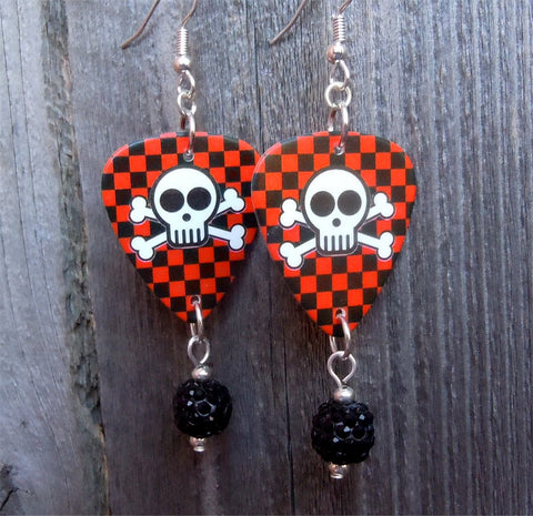 Black and Red Checkered Skull Guitar Pick Earrings with Black Pave Bead Dangles