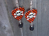 Black and Red Checkered Skull Guitar Pick Earrings with Black Pave Bead Dangles