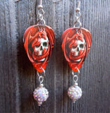 Red Dragon Wrapped Around A Skull Guitar Pick Earrings with White AB Pave Bead Dangles