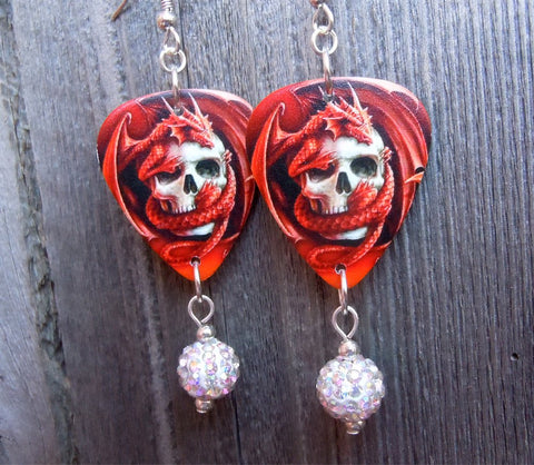 Red Dragon Wrapped Around A Skull Guitar Pick Earrings with White AB Pave Bead Dangles