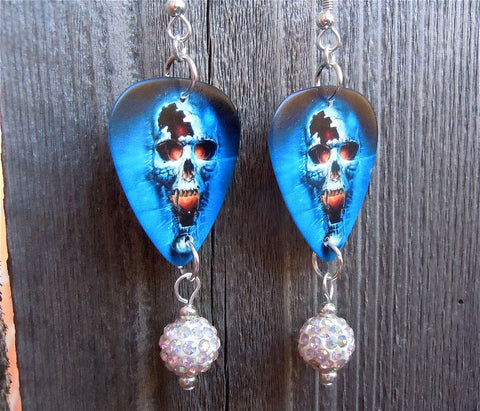 Skull on Fire Guitar Pick Earrings with White AB Pave Bead Dangles