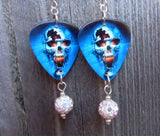 Skull on Fire Guitar Pick Earrings with White AB Pave Bead Dangles