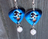 Skull on Fire Guitar Pick Earrings with White AB Pave Bead Dangles