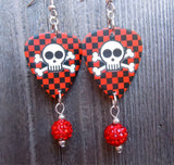 Skull and Crossbones on Checkered Background Guitar Pick Earrings with Red Pave Bead Dangles